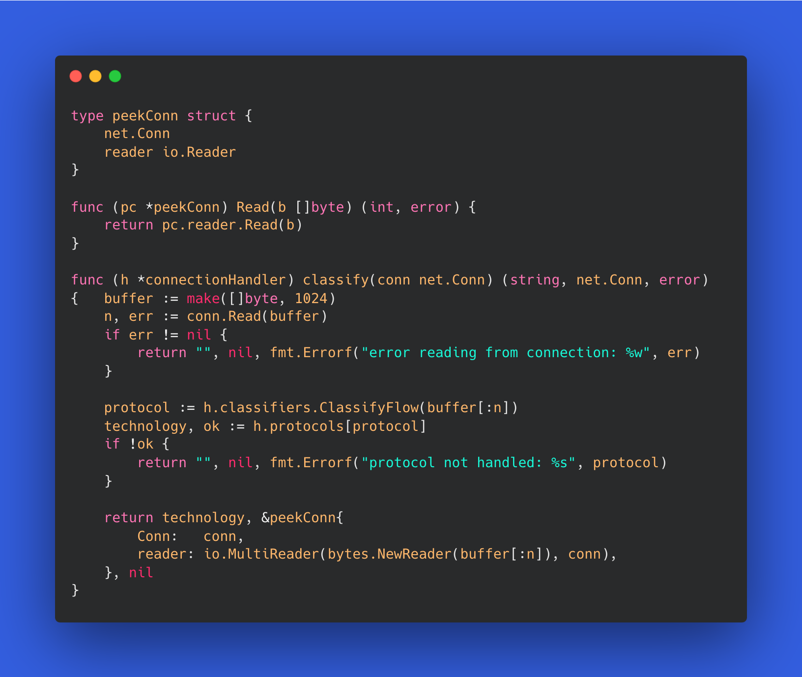 Go code snippet showing peekConn solution with MultiReader
