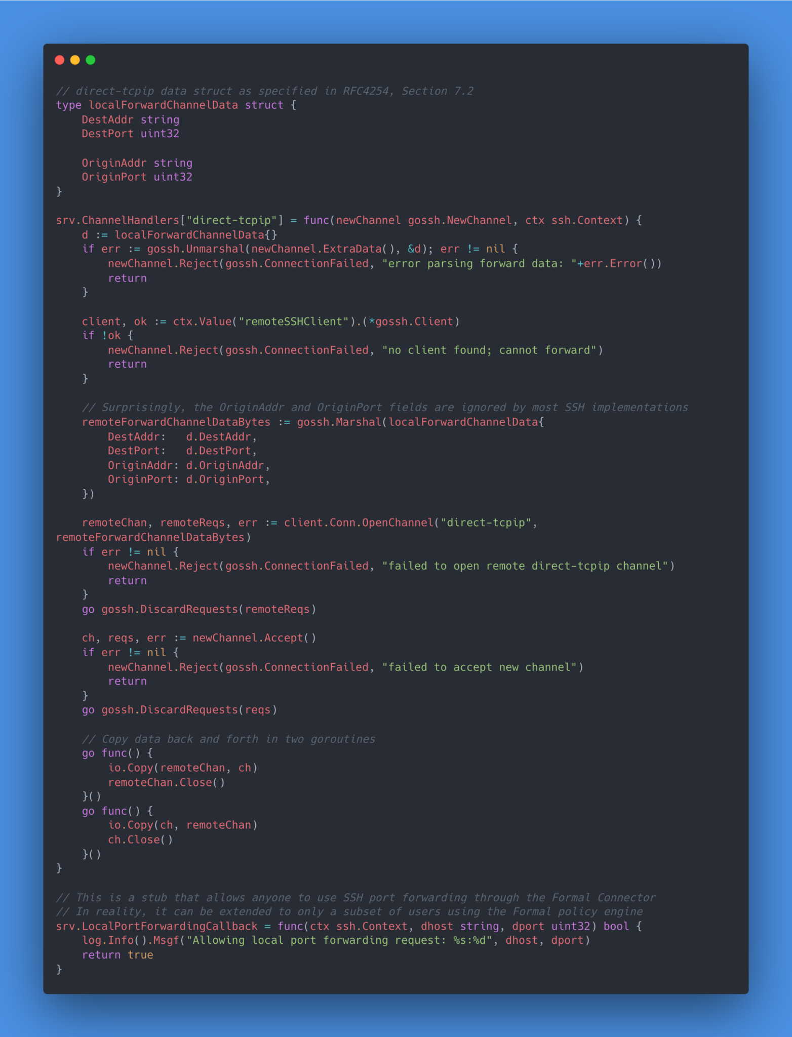 Register the direct-tcpip channel handler for port forwarding