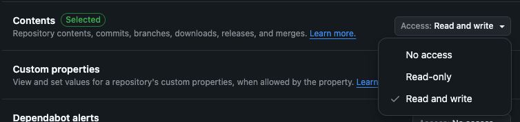 GitHub PAT permission levels showing No access, Read-only, and Read and Write options
