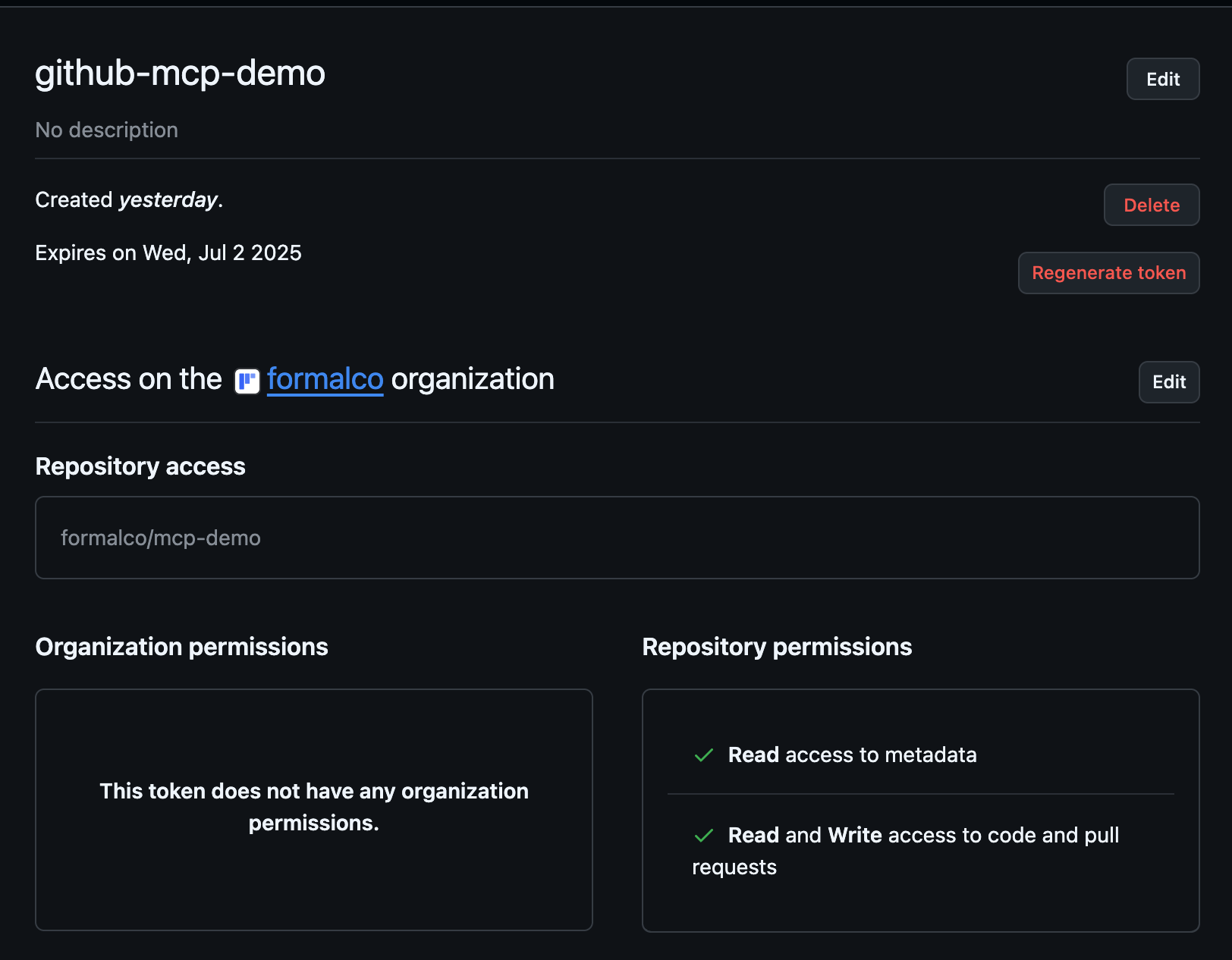 GitHub PAT configuration with read and write access to contents and pull requests