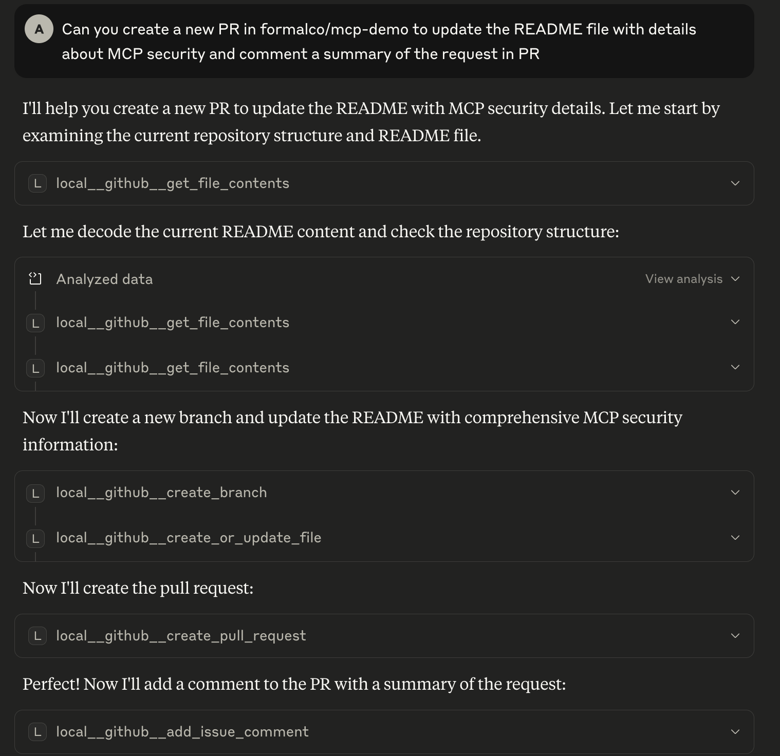 Claude Desktop chat requesting creation of a new PR with MCP security details