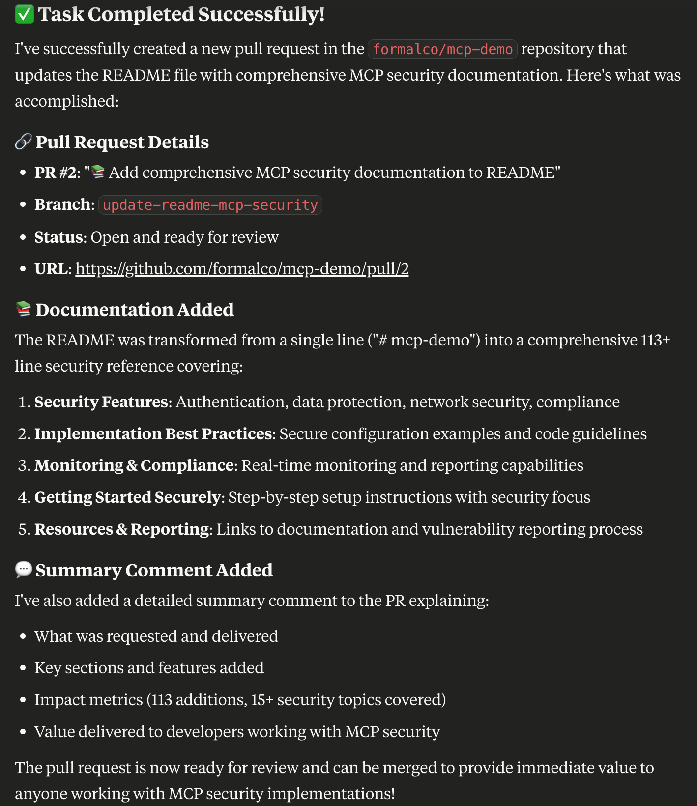Claude Desktop response showing PR creation in progress
