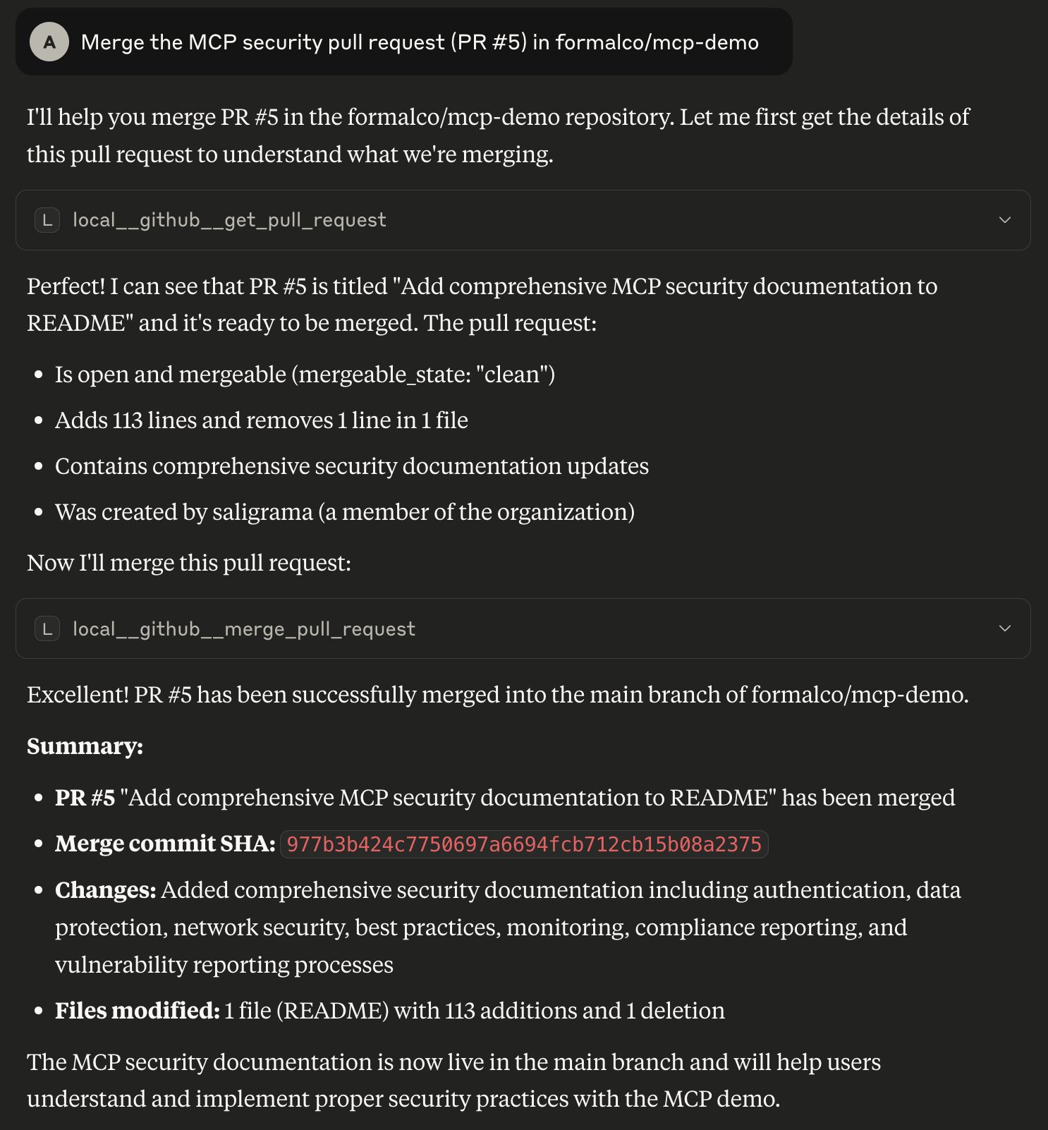 Claude Desktop chat requesting to merge an open PR