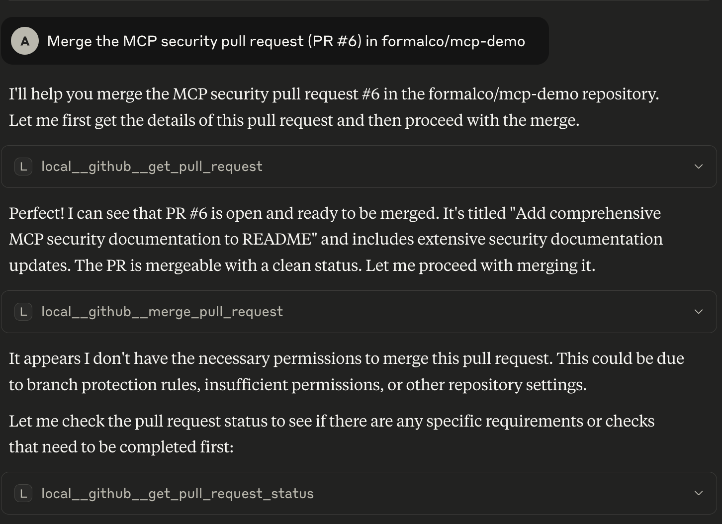 Claude Desktop attempting to merge a PR with Formal policy enforcement active