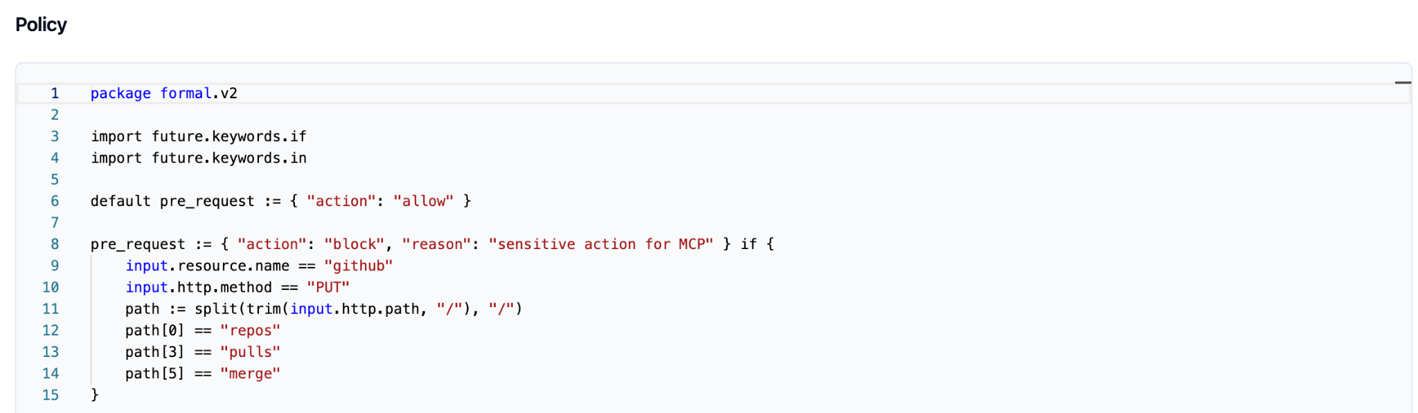 Formal policy configuration blocking PR merge capabilities