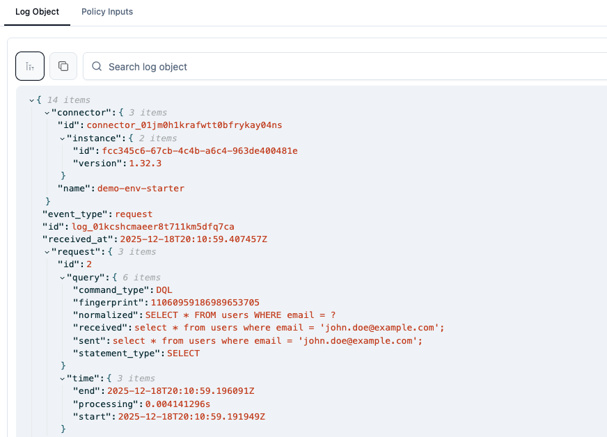 Log entry detail showing exposed query data without log controls