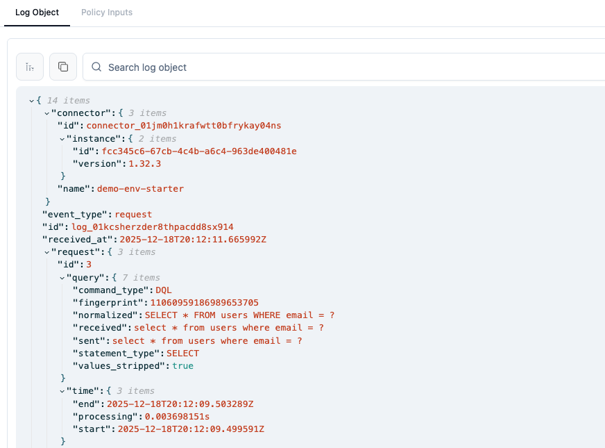 Log entry detail showing stripped query values
