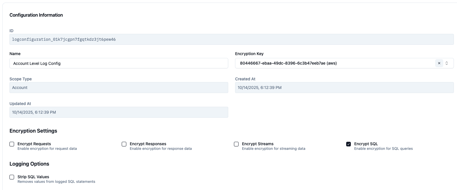 SQL query log with Encrypt SQL Values enabled showing encrypted query data