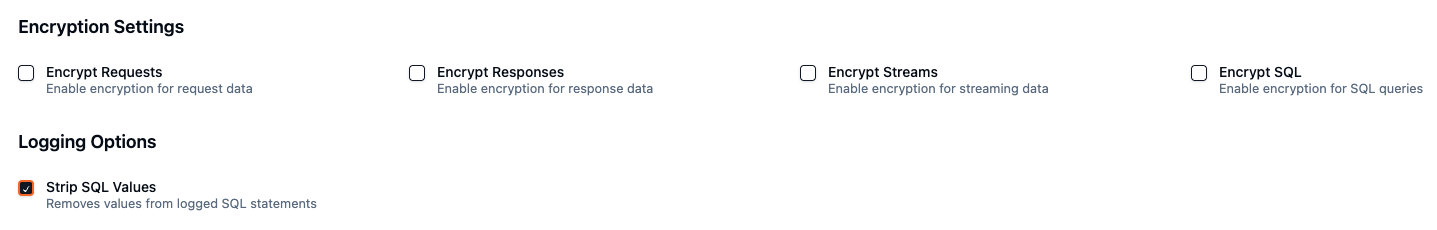SQL query log with Strip SQL Values enabled showing query structure without sensitive values